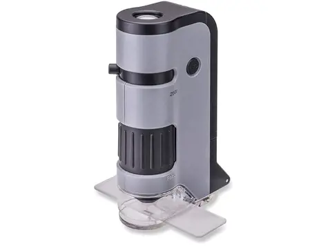 Microscopio CARSON MicroFlip 100x-250x - Luz LED y UV, Base Deslizable, Clip Smartphone - MP-250