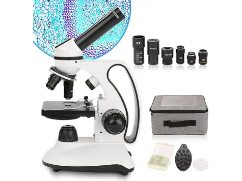 Microscopio Educativo 40X-2000X LED con Lentes de Vidrio y Estuche, Metal.