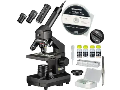 Microscopio National Geographic 40x1024 para niños y adultos, con cámara USB y accesorios extensos.
